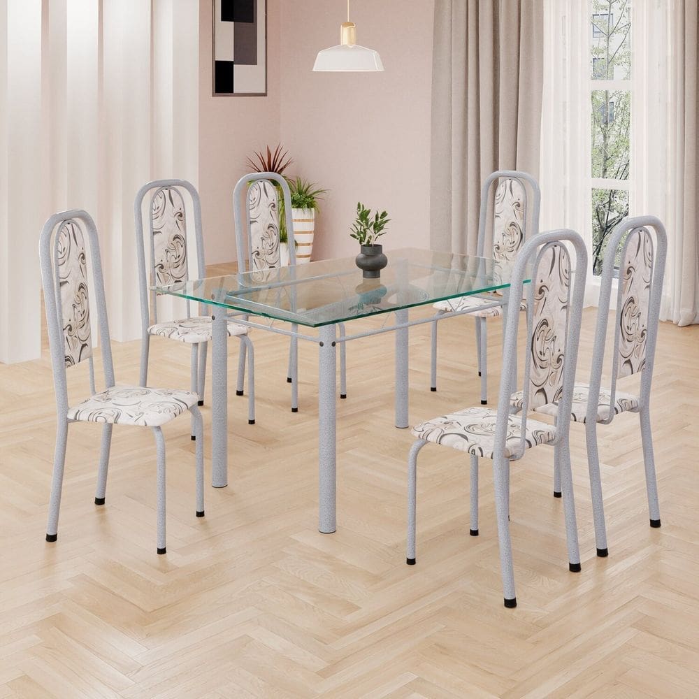 Conjunto de Mesa Retangular 140x75cm Tampo de Vidro 6 Cadeiras Lavínea Arabesco/ Mart Pérola