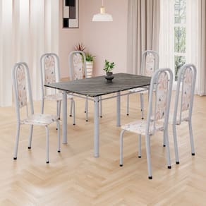 Conjunto de Mesa Retangular 140x75cm Tampo Ardósia Indiano 6 Cadeiras Lavínea Botanic Bege / Mart Pérola