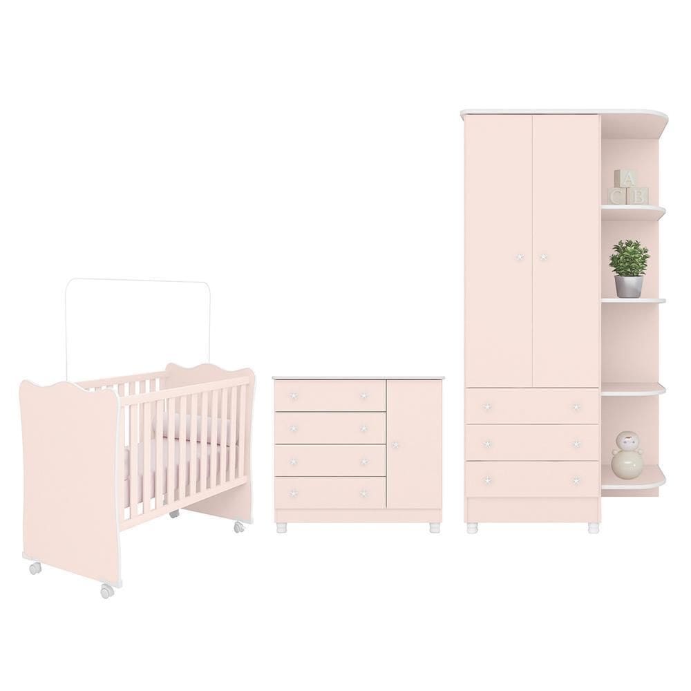 Dormitório Infantil Doce Sonho 2 Portas, Cômoda 1 Porta e Berço com Rodízio - Qmovi