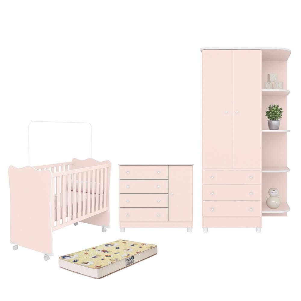 Dormitório Doce Sonho 2 Portas, Cômoda 1 Porta, Berço com Rodízio e Colchão D18 - Qmovi