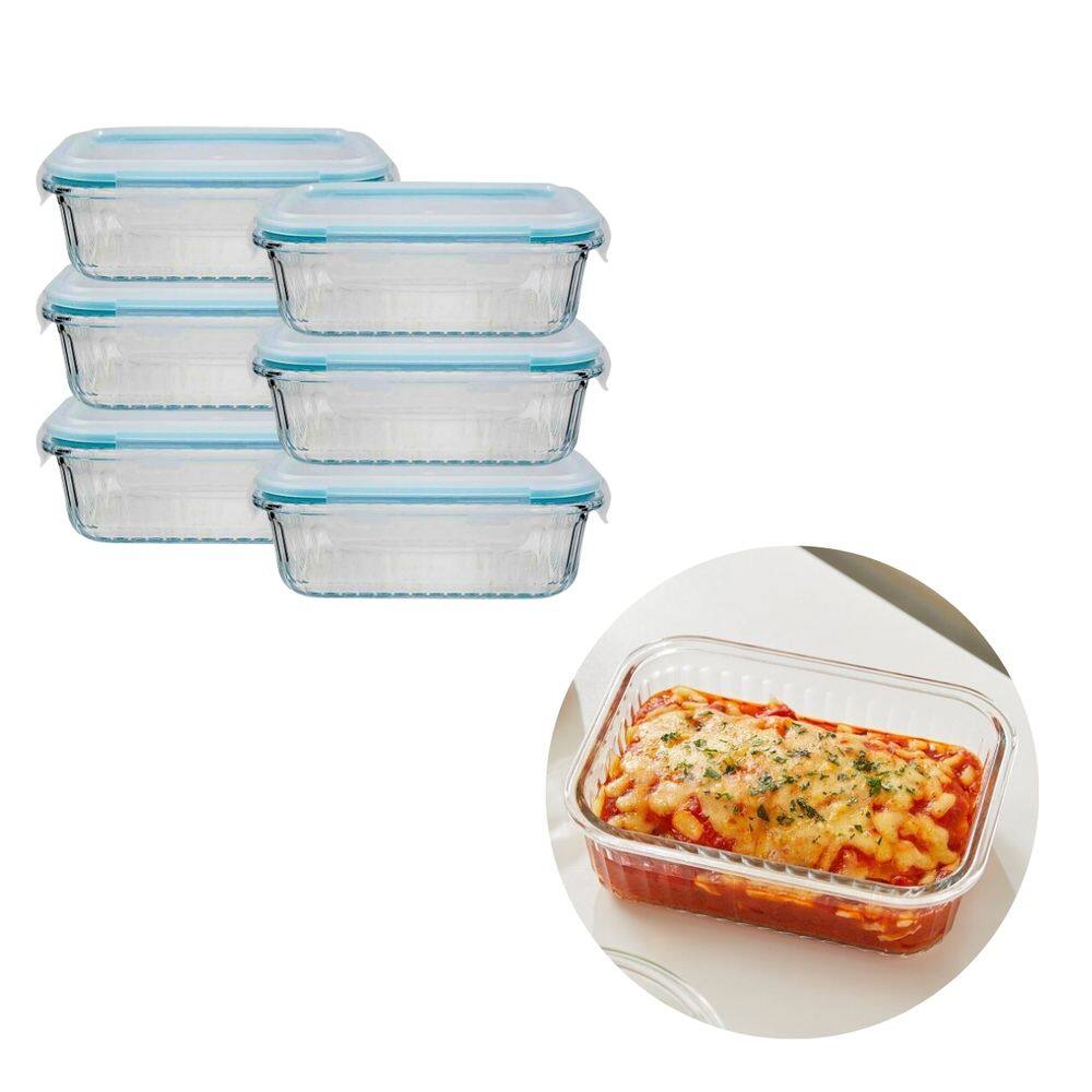 6 Pote Vidro Retangular 640ML Hermético 4 Trava Forno/Freezer