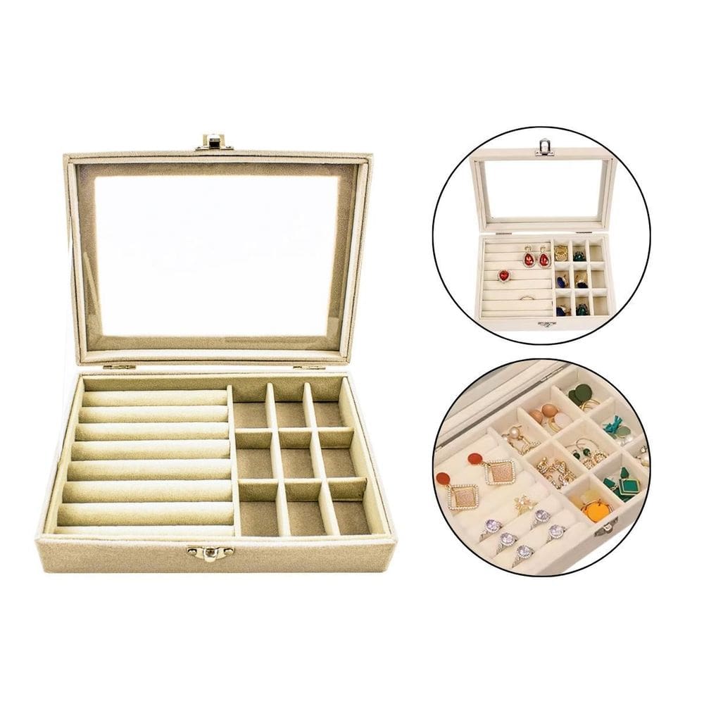 Kit 2 Porta Joia Maleta Luxo Camurça Tampa Acrílica Bege