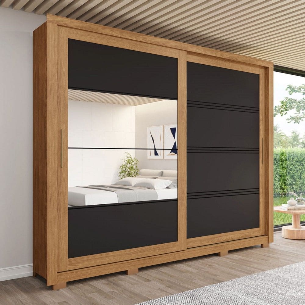 Guarda-Roupa Casal Medelín 2 Portas 4 Gavetas com Espelho Nature/Preto - Henn