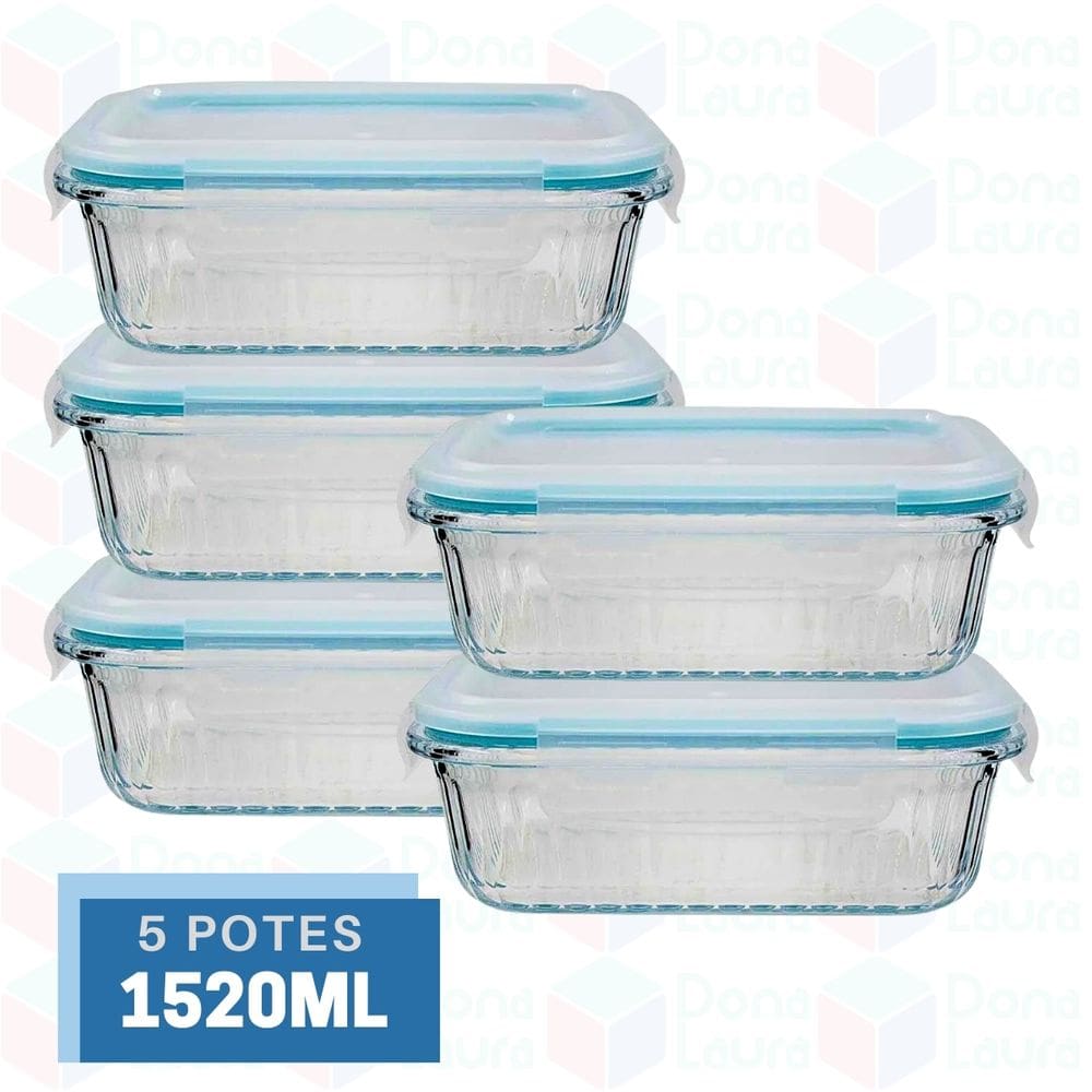 5 Potes Canelado Retangular Vidro Organizador Fitness 1520ml