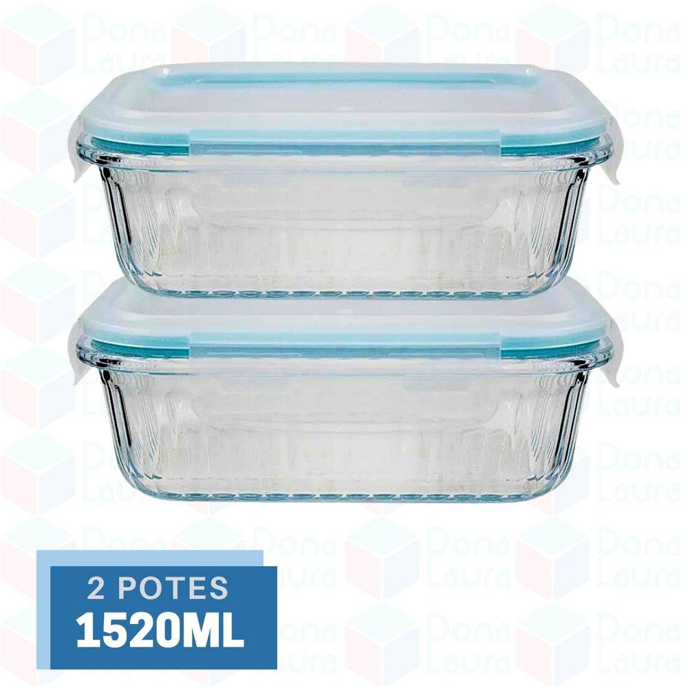 2 Potes Canelado Retangular Vidro Organizador Fitness 1520ml