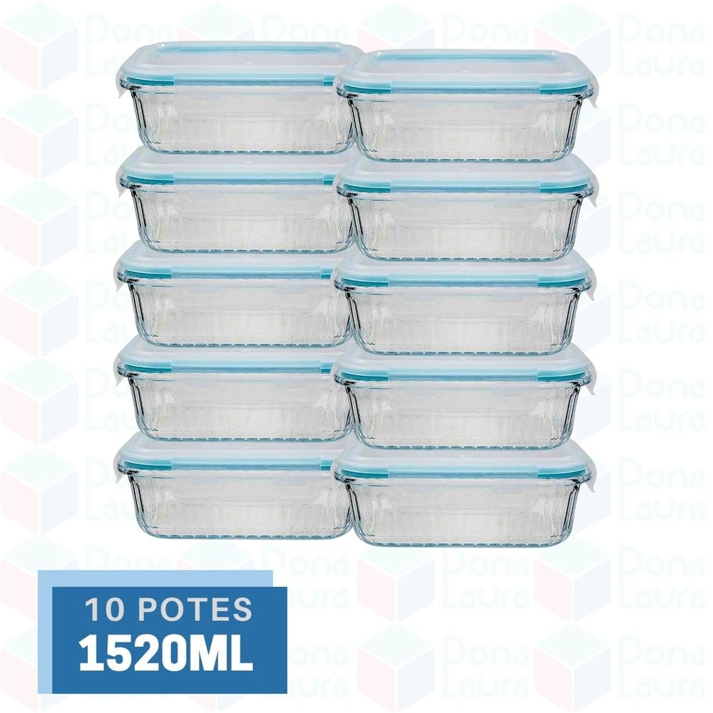 10 Pote Canelado Retangular Vidro Organizador Fitness 1520ml