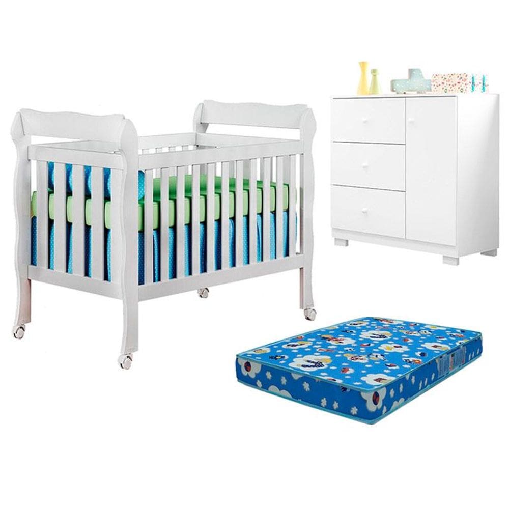 Berço Americano Lila e Cômoda Infantil Duda Branco Brilho com Colchão Ortobom – Phoenix Baby
