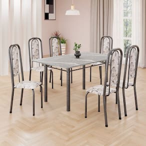 Conjunto de Mesa Retangular 140x75cm Tampo Granito Topázio 6 Cadeiras Lavínea Arabesco/ Mart Prata