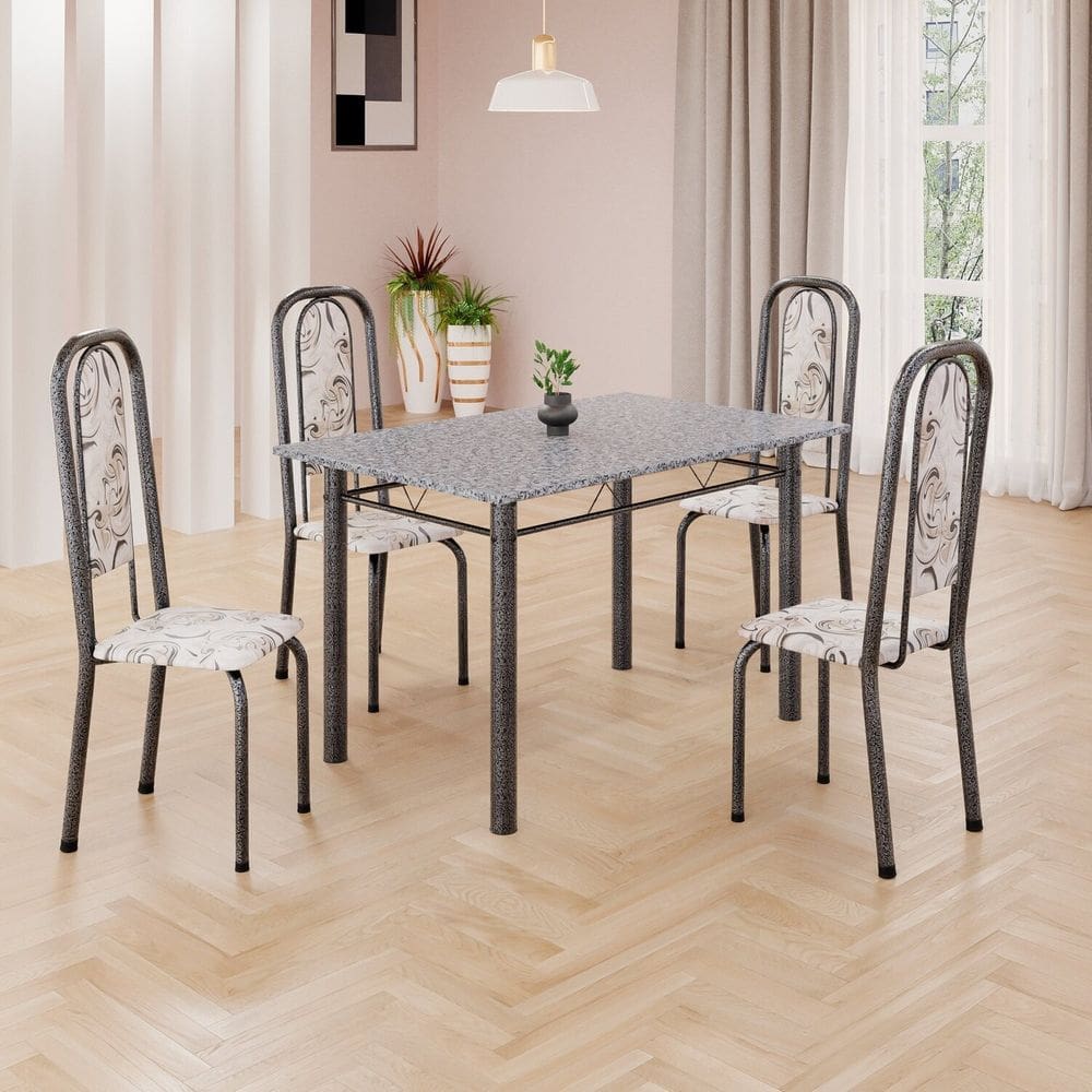 Conjunto de Mesa Retangular a 120x75cm Tampo Granito Ocre 4 Cadeiras Lavínea Arabesco/ Mart Prata