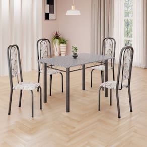 Conjunto de Mesa Retangular a 120x75cm Tampo Granito Ocre 4 Cadeiras Lavínea Arabesco/ Mart Prata