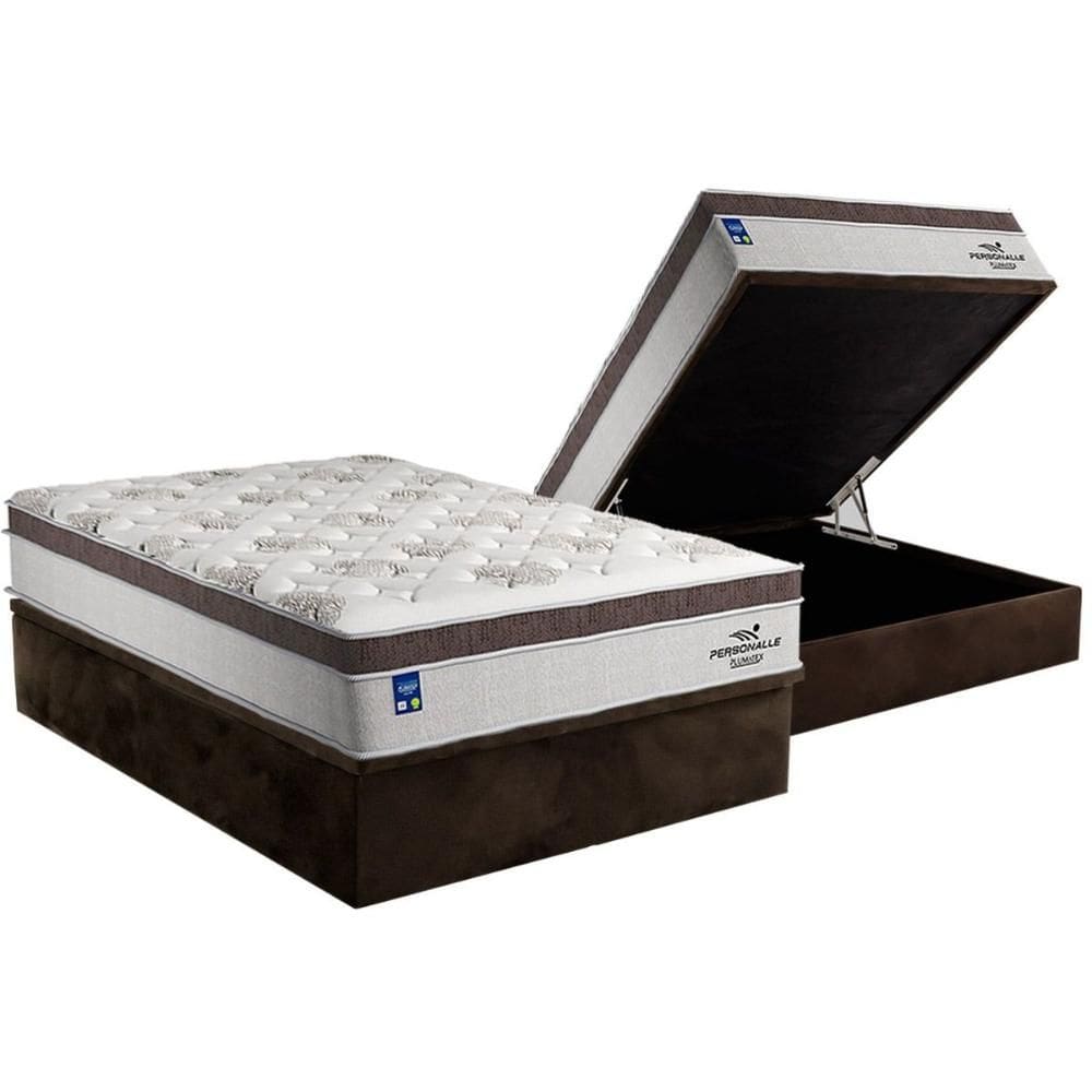 Cama Box Baú Casal: Colchão Molas Plumatex MasterPocket Ensacadas Personalle + Base CRC Suede Brown(138x188)