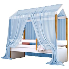 Cama Montessori Cabana Solterio Com Dossel Azul