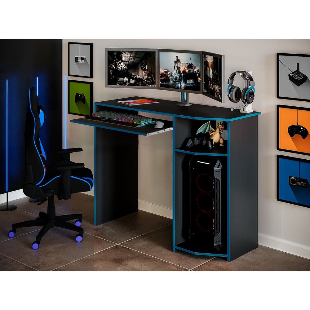 Mesa Escrivaninha Gamer Preto e Azul c/ Suporte de Teclado