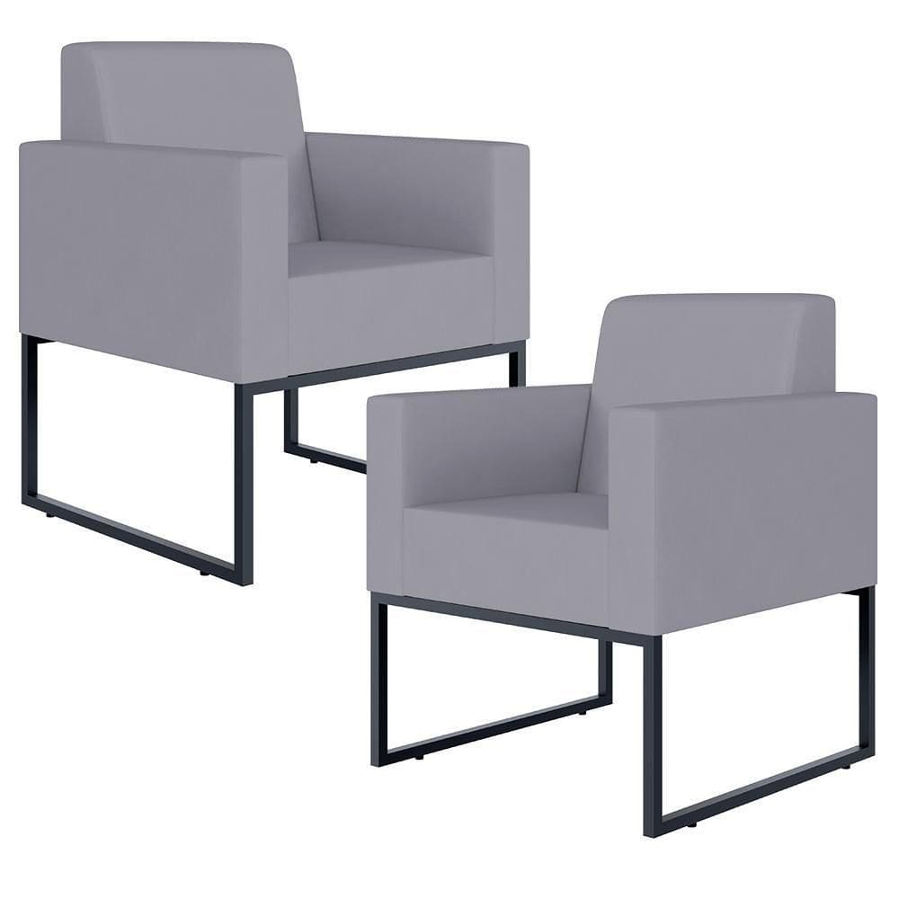 Kit 02 Poltronas Recepção Base Fixa De Metal Suede Cinza