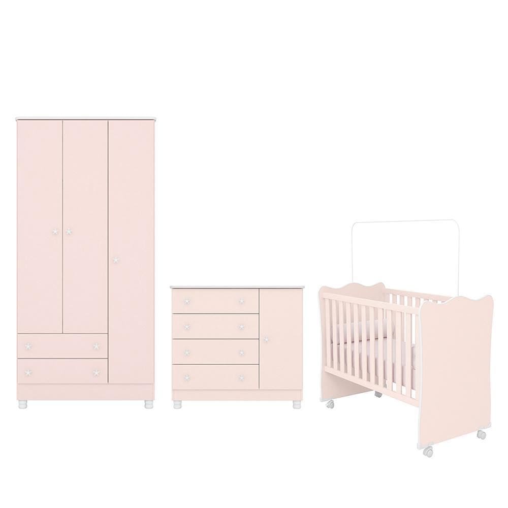 Dormitório Infantil Doce Sonho 3 Portas, Cômoda 1 Porta e Berço com Rodízio - Qmovi