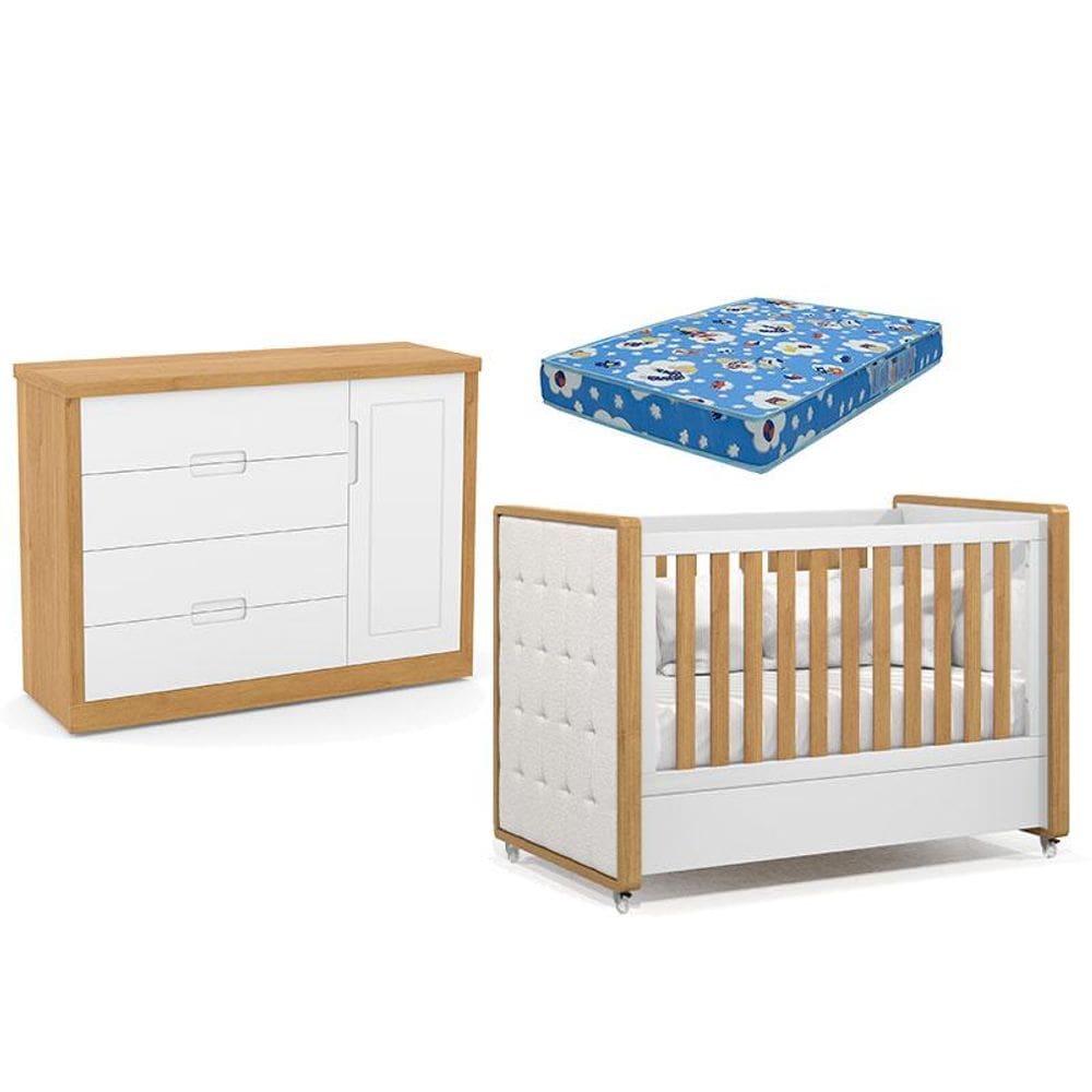 Berço Americano com Capitonê New Boucle e Cômoda Infantil Tutto New Freijó Branco Acetinado e Colchão Ortobom - Matic