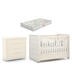 Berço Americano com Capitonê New Boucle e Cômoda Gaveteiro Infantil Tutto New Off White e Colchão Gazin - Matic