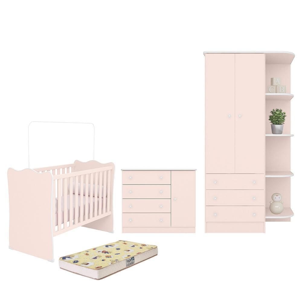 Dormitório Infantil Doce Sonho 2 Portas, Cômoda 1 Porta, Berço e Colchão - Qmovi