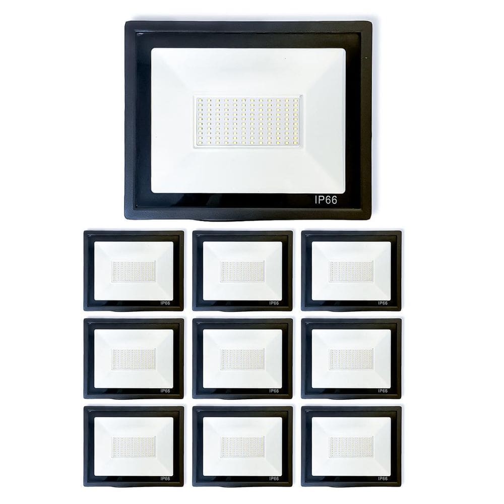 Kit 10 Refletores Led Slim Alumínio Preto 200W Branco-Frio