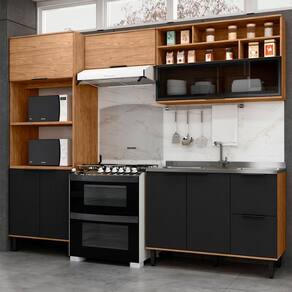 Cozinha Compacta Laura 7 Portas 3 Gavetas com Vidro 100% Mdf Freijo/Nero - Mx Móveis