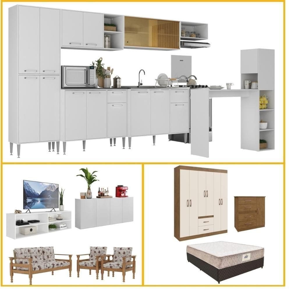 Armário Cozinha Kit Casa Completa Mobiliada 3 Ambientes Multimóveis Cr60000 Branco nogueira Off White