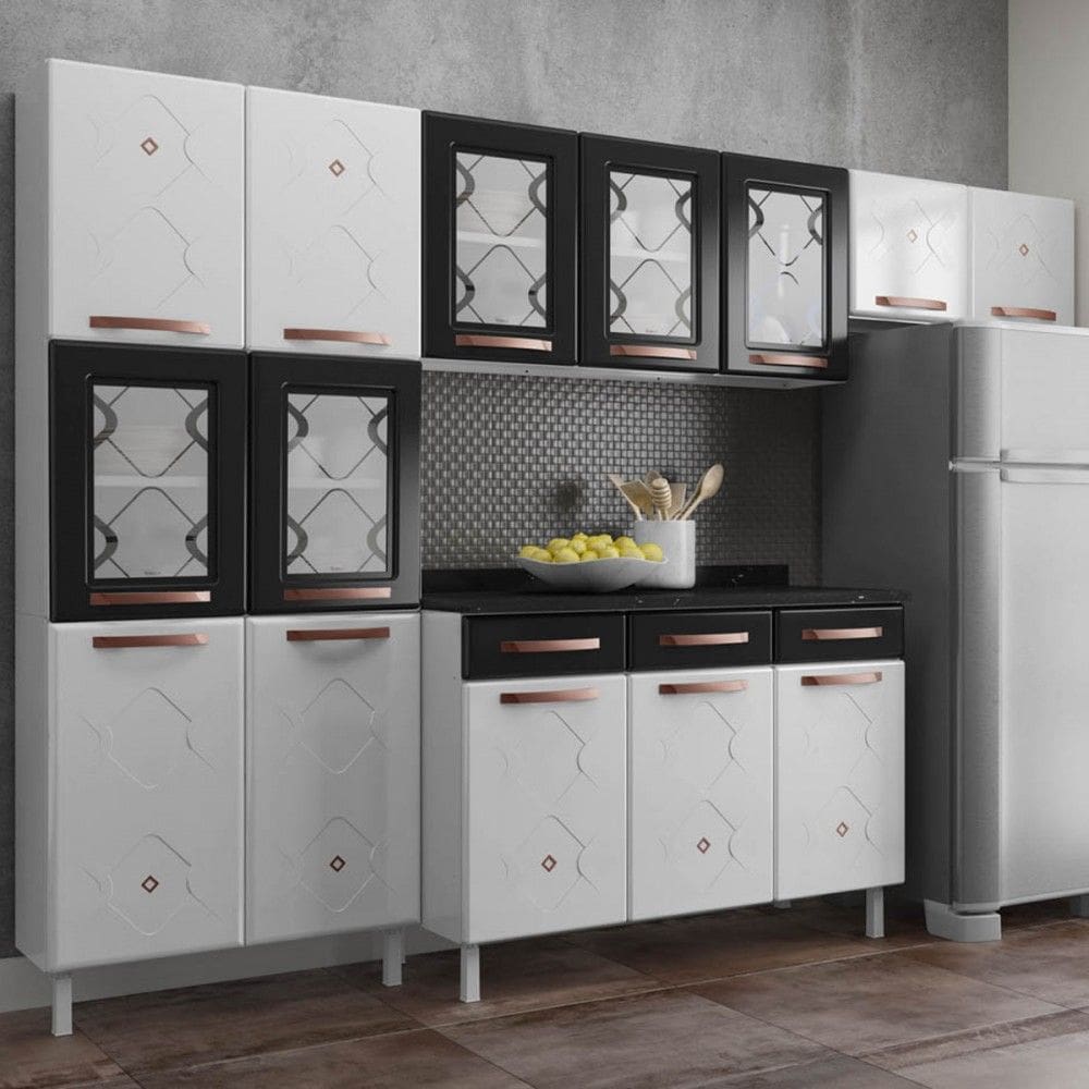 Armário de Cozinha Compacta de Aço Completa Mirage New 14 Portas 3 Gavetas Branco/Preto 815471 - Prn Móveis