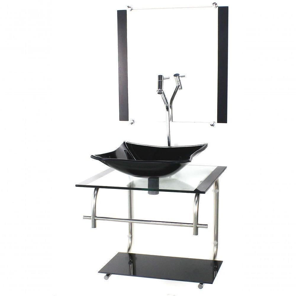 Gabinete De Vidro Para Banheiro 40cm Inox Cuba Quadrada Com Sifao E Torneira Metal Cor:preto