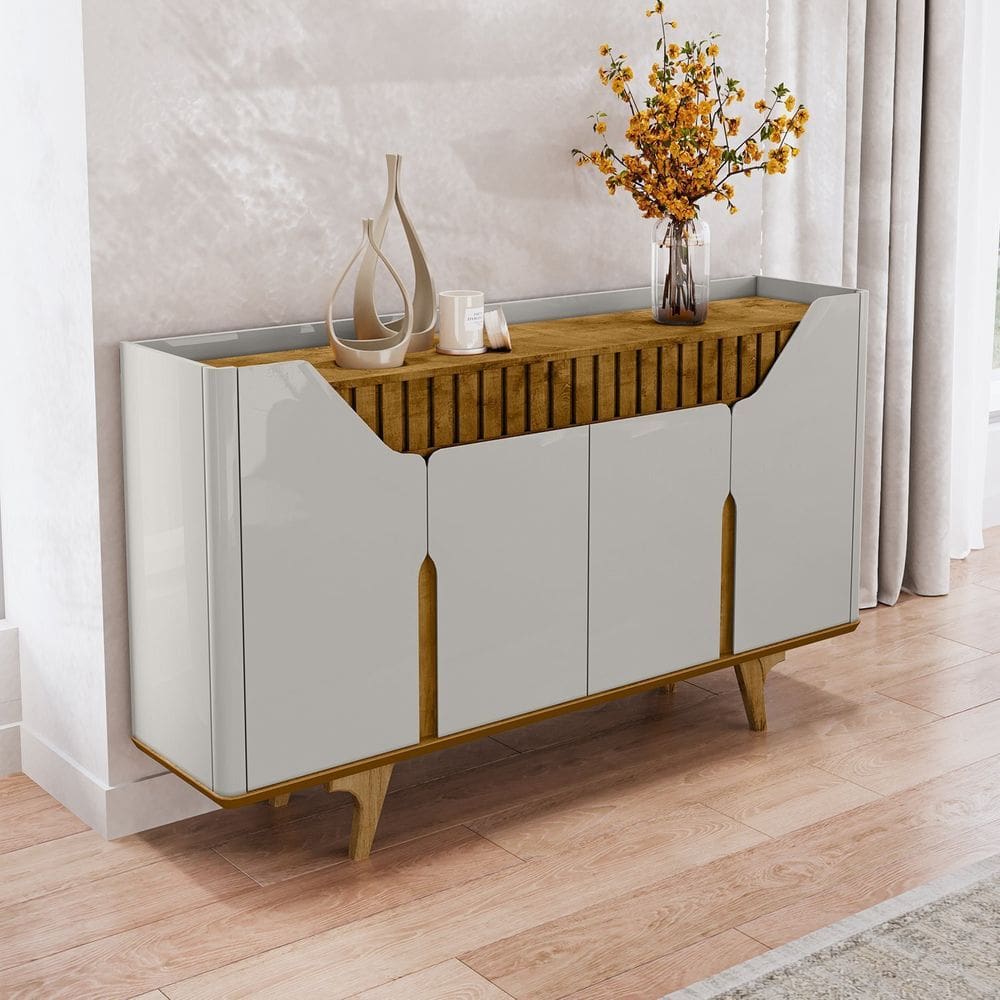 Aparador Buffet 4 Portas MDF Ripado Real Pés de Madeira Maciça Tâmisa Off-White/Naturalle