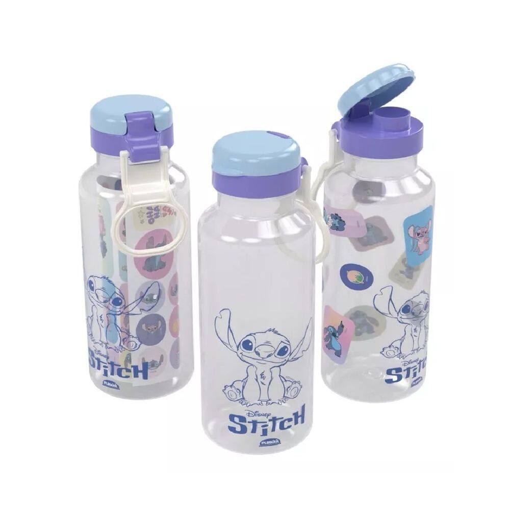 Garrafa Squeeze Fun Abre Fácil Stitch 600 Ml Com Cartela de Adesivo Plasútil kwaii Personagem Fofo (Unidade)