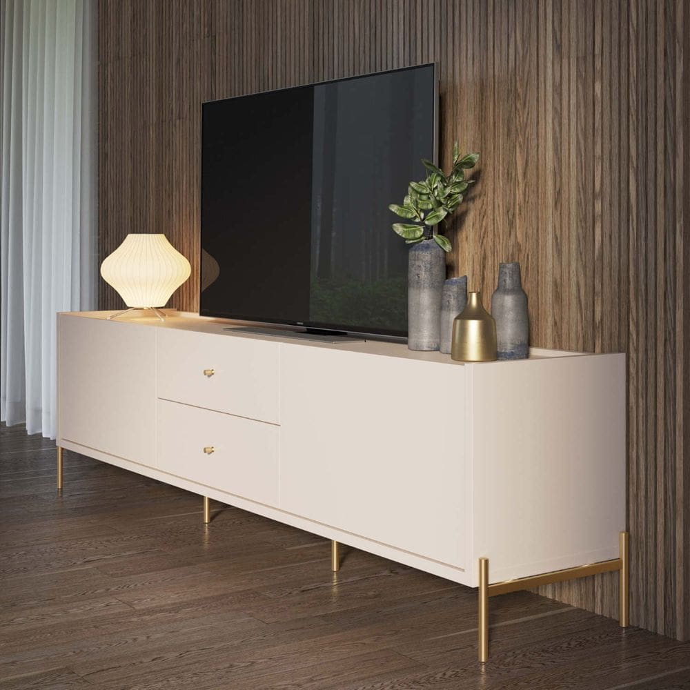 Rack com Pés em Aço Carbono e Pintura Metalizada 180cm Jasper Off-White Fosco/Dourado