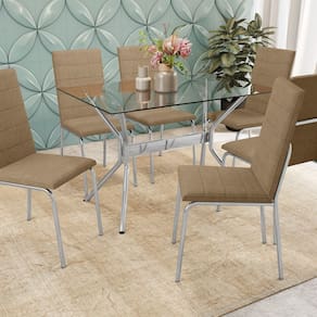 Conjunto Mesa Loire tampo de Vidro e 6 Cadeiras Amsterdã Cromado/Capuccino