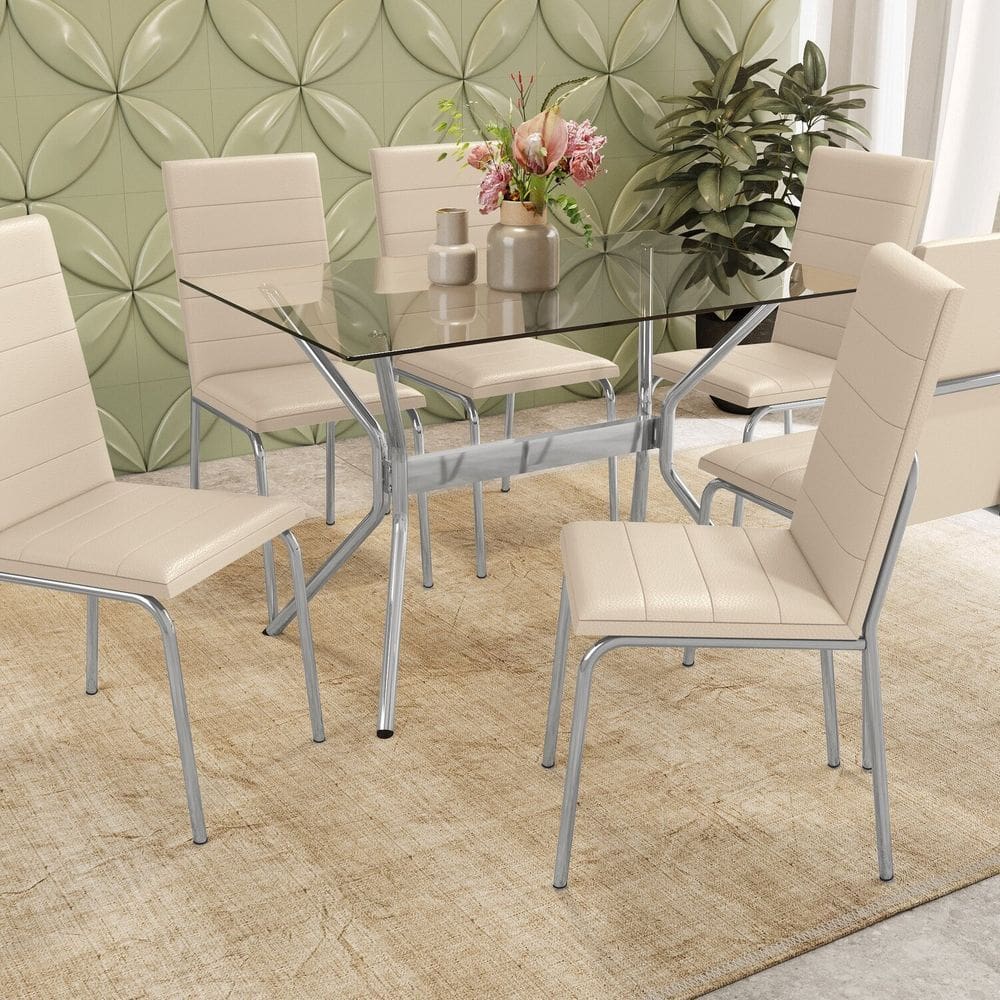Conjunto Mesa Loire tampo de Vidro e 6 Cadeiras Amsterdã Cromado/Nude