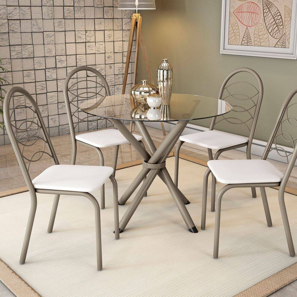 Conjunto Mesa Volga tampo de Vidro e 4 Cadeiras Holanda Nickel/Branco