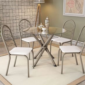Conjunto Mesa Volga tampo de Vidro e 4 Cadeiras Holanda Nickel/Branco