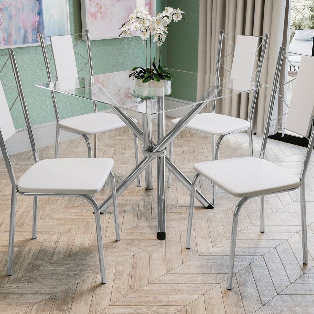 Conjunto Mesa Volga tampo de Vidro e 4 Cadeiras Lisboa Cromado/Branco