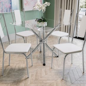 Conjunto Mesa Volga tampo de Vidro e 4 Cadeiras Lisboa Cromado/Branco