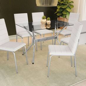 Conjunto Mesa Loire tampo de Vidro e 6 Cadeiras Amsterdã Cromado/Branco