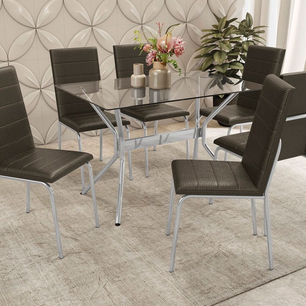 Conjunto Mesa Loire tampo de Vidro e 6 Cadeiras Amsterdã Cromado/Marrom