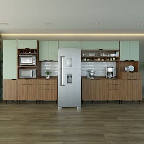 Cozinha Compacta 8 Peças 16 Portas 9 Gavetas Paris Nogal Manchester/ Verde Matte