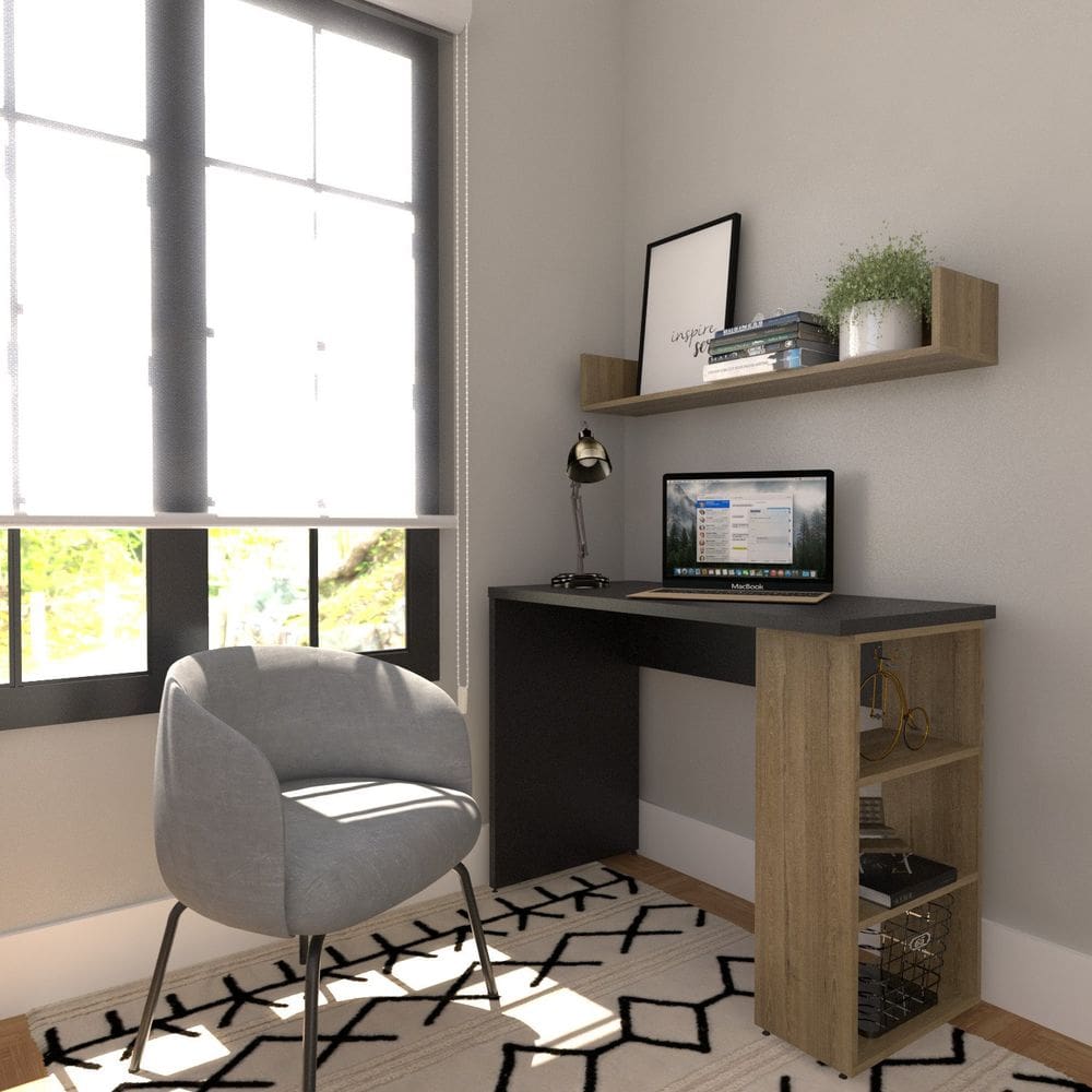 Conjunto de Mesa com Prateleiras Para Escritório ou Home Office 100 cm de Largura Preto/Carvalho Mel