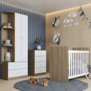 Quarto de Bebê com Guarda-Roupa 2 Portas Cômoda e Berço Labirinto Rústico/Branco