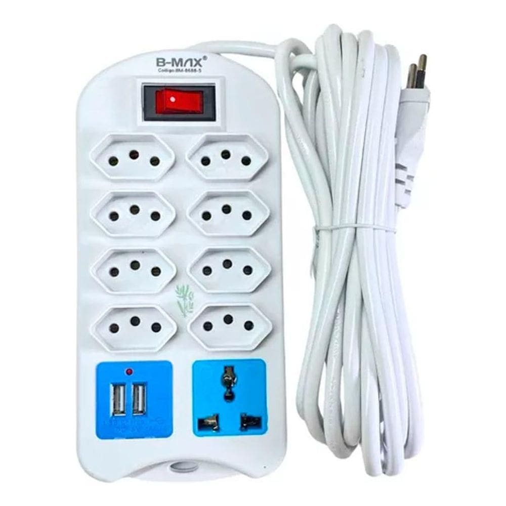 Extensão Elétrica 9 Tomadas Régua Bivolt Com 2 Usb 5 Metros