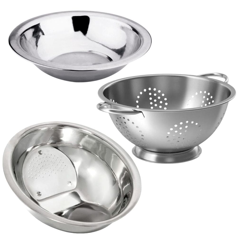 Kit Cozinha Escorredor de Macarrão, Lavador de Arroz e Bowl Aço Inox 3 Peças