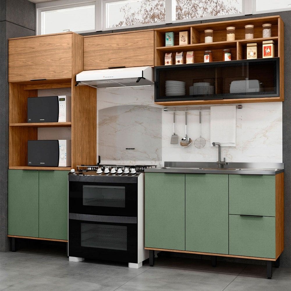 Cozinha Compacta Laura 7 Portas 3 Gavetas com Vidro 100% Mdf Freijo/Jade - Mx Móveis