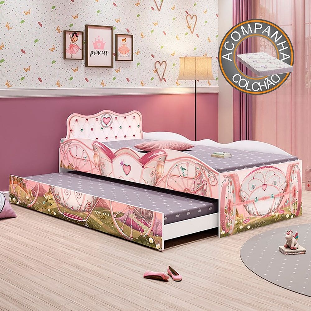 Bicama Infantil Reino Mágico Fun Rosa Pura Magia + Colchão Ortobom