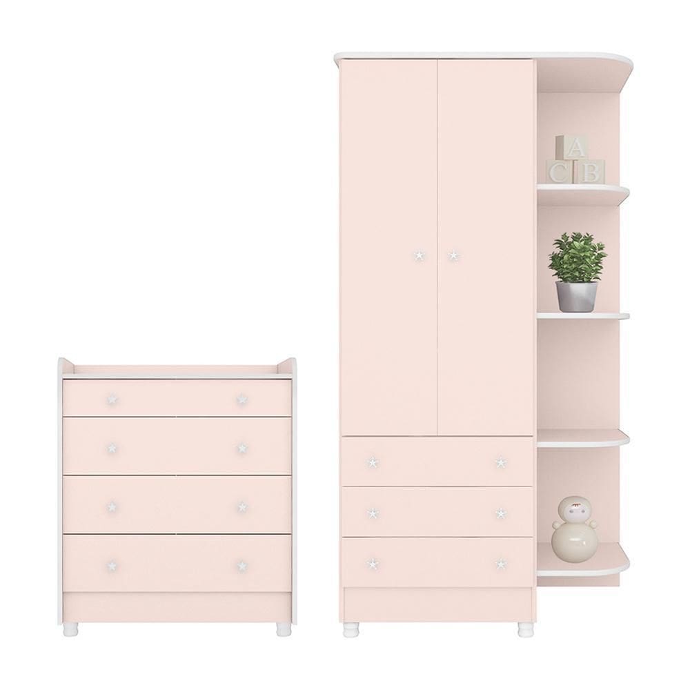 Jogo de Quarto Infantil Doce Sonho Guarda Roupa 2 Portas e Cômoda Trocador com Pés - Qmovi