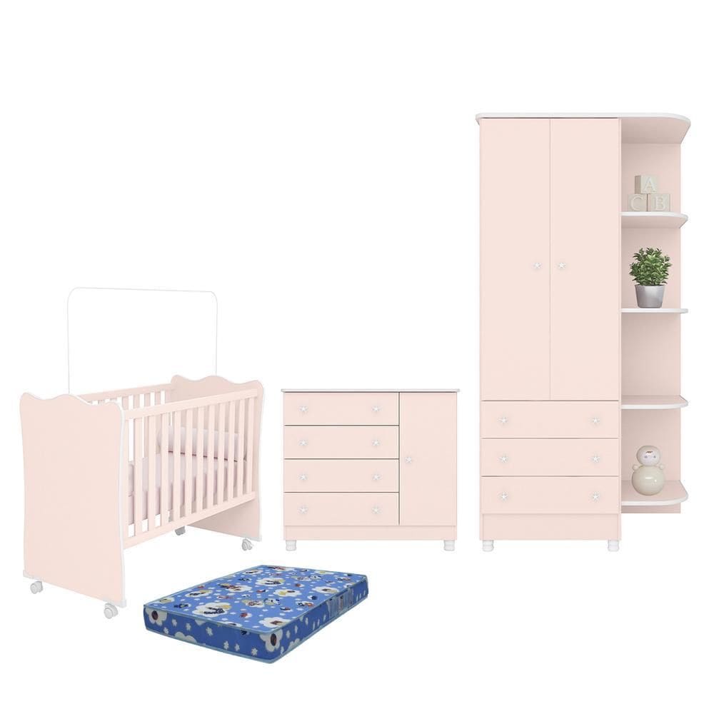 Dormitório Doce Sonho 2 Portas, Cômoda 1 Porta, Berço com Rodízio e Colchão - Qmovi