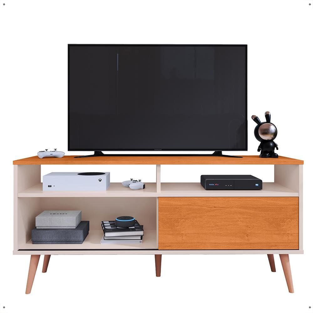 Rack Bancada Home Samba Estante Tv 55 Polegadas Nicho Organizador Porta Correr Sala Quarto Pequeno Retrô - Off White/Cinamomo - RPM