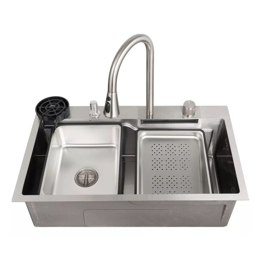 Cuba Cascata Gourmet Premium Aço Inox 304 com Válvula, Dispenser, Torneira, Cifão, Cestos, Tábua e Lavador Copos
