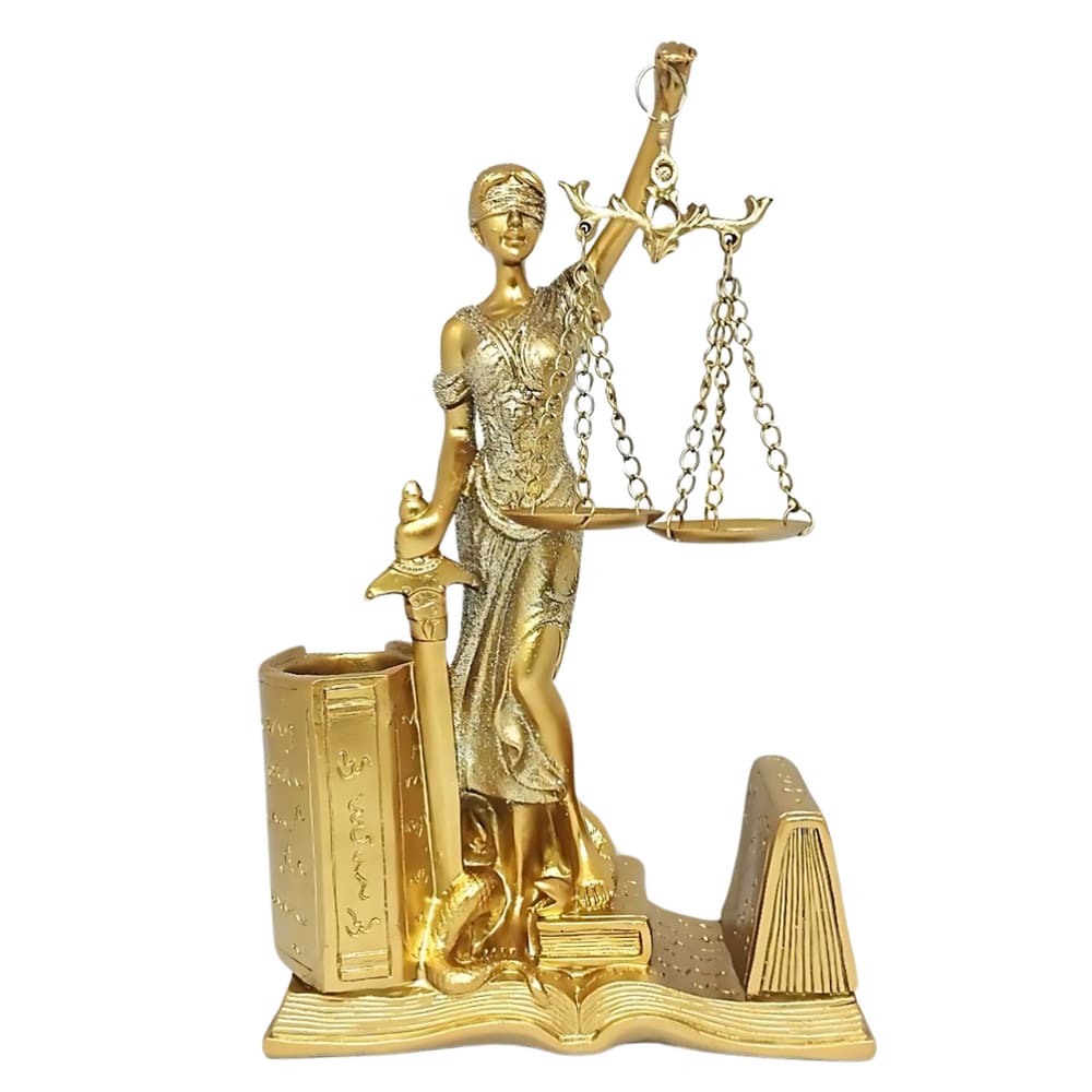 Dama Da Justiça Direito deusa Thêmis Porta Caneta e Cartão Dourado com Brilho Resina